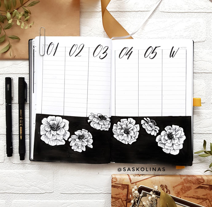 bujo column based weekly setup with floral illustration