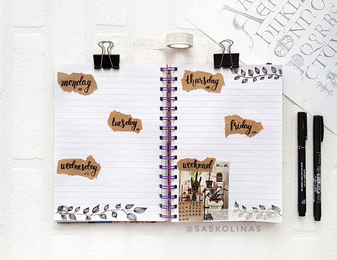 zig zag weekly setup in my bujo with magazine cut-outs