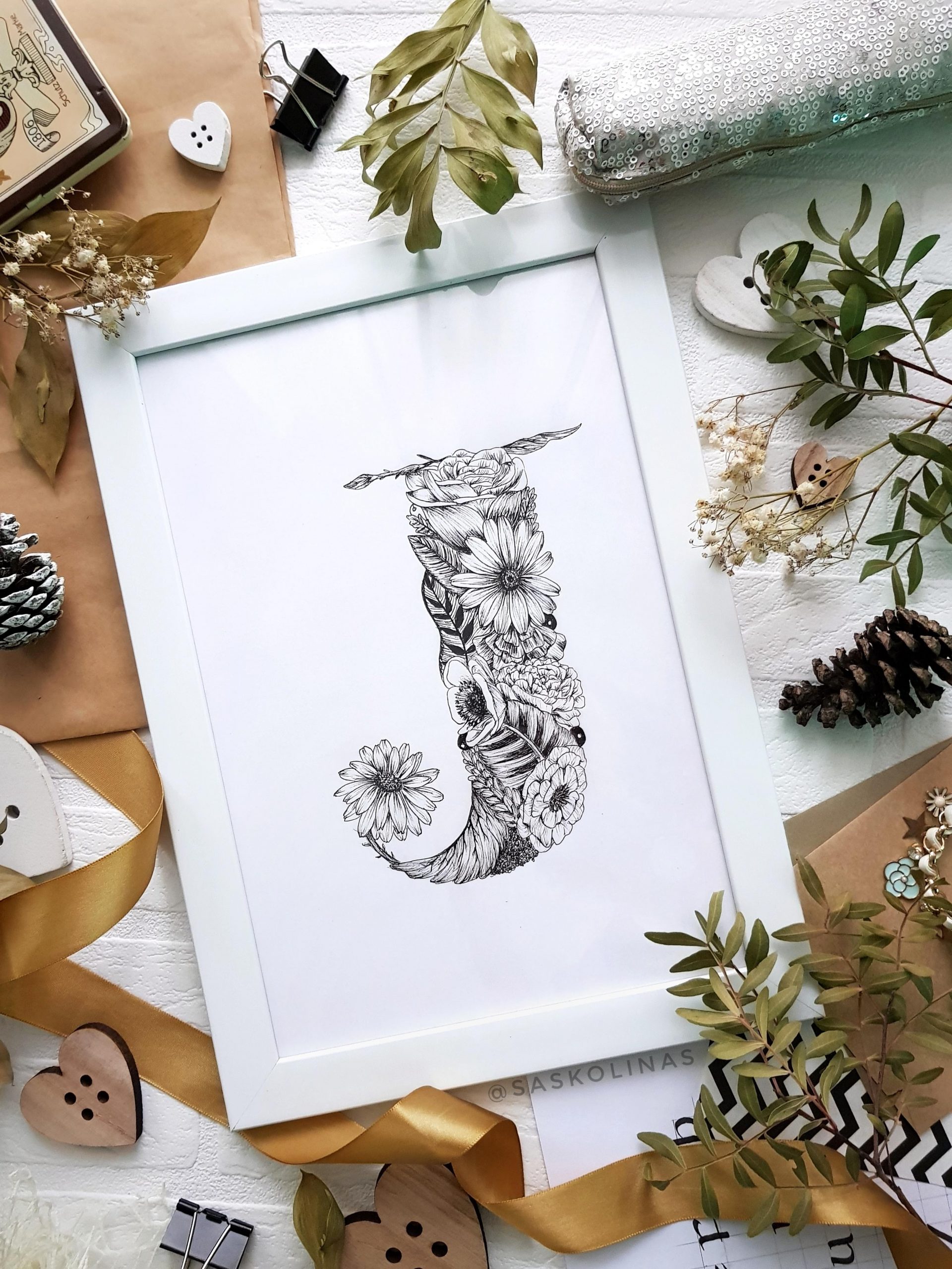 frames custom hand lettering - Uppercase serif J made using floral pattern design